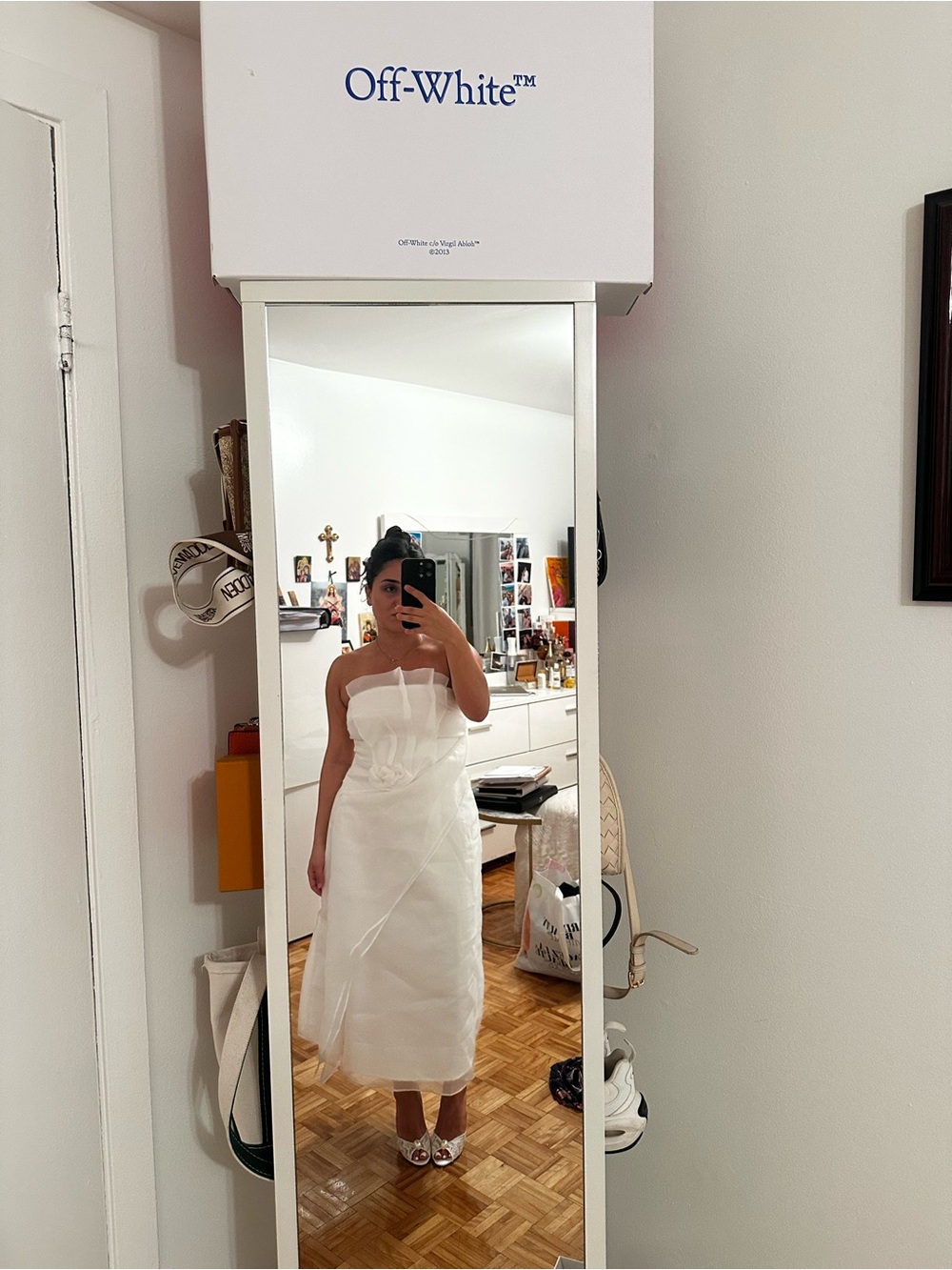 Strapless White Midi Dress with Draped Bodice - Picture 2 of 3